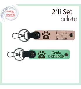 Hayvan Sever Çiftlere Uygun 2'li Set, Kalpli Pati Motifli Deri Anahtarlık Takımı, Yavru Ağzı-A Yeşil