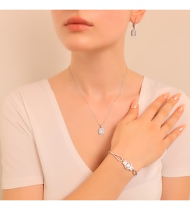 925 Ayar Gümüş Trapez Taşlı Kolye-Küpe-Bileklik Set