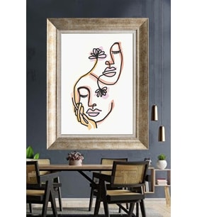 Tablore Minimalist Kadın Yüzü Ve Çiçek Çizim Çerçeveli Tablo Modern Continuous Line Duvar Dekoru