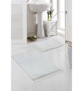 Vl Yıkanabilir Premium Ponpon Saçaklı Kaymaz Taban Post Peluş Banyo Paspası 2'li Takım (Beyaz)