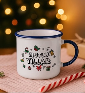 BK Gift Yılbaşı Tasarımlı Lacivert Emaye Kupa Bardak -2, Arkadaşa Hediye, Yeni Yıl Hediyesi