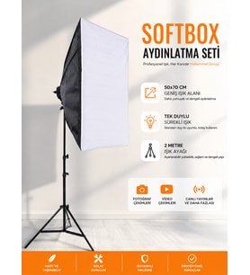 Rabsev Softbox Aydınlatma Seti 50x70 cm 2 Metre Işık Ayağı Fotoğraf Video YouTube Canlı Yayın