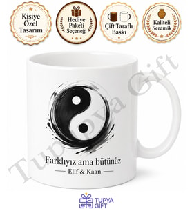 Yin Yang Temalı Kupa Seti Baskılı Porselen Bardak Hediye