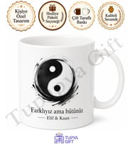 Yin Yang Temalı Kupa Seti Baskılı Porselen Bardak Hediye