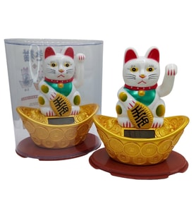 Maneki Neko El Sallayan Şans Kedisi Beyaz Solar Güneş Enerjili 14x12cm NO3BYZ