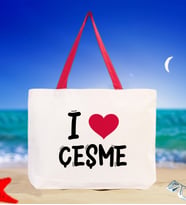BK Gift I Love Çeşme Renkli Kulp Kanvas Plaj Çantası 48x40m, Baskılı Omuz Çantası, Alışveriş Çantası (Kırmızı)