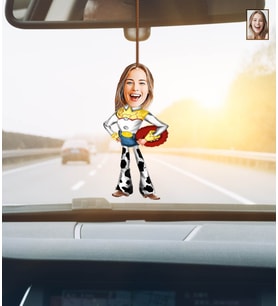 Kişiye Özel Karikatürlü Kadın Kovboy Ahşap Araba Dikiz Ayna Süsü