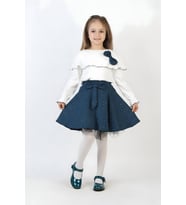 Kız Çocuk 2'li Elbise Taş Süslemeli Etek+Şal Yakalı ve Fiyonklu Bluz 4-9 Yaş 12505 MODANINO (İndigo)
