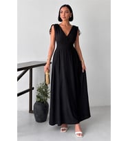 Neşeli butik kadın siyah bel lastikli kruvaze yaka omuz bağlama detaylı tam boy elbise NBG133
