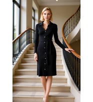 Kadın Gömlek Yaka Uzun Kol Bodycon Fitilli Düğmeli Midi Örme Elbise