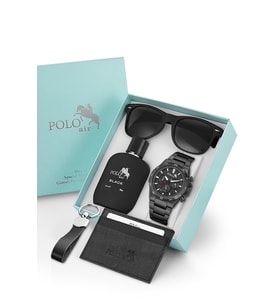 Polo Air Klasik Erkek Kol Saati Parfüm Gözlük Kartlık Anahtarlık Hediyelik Kutusunda Set Siyah Renk TR-103E1