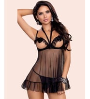 Kadın Boyundan Bağlama Detaylı Siyah Transparan Göğsü Açık Fantasy Gecelik/Babydoll (Çok Renkli)