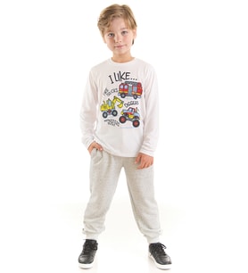 İnşaat Araçları Erkek Çocuk T-shirt Pantolon Takım (Gri-Beyaz)