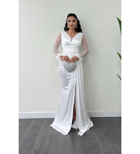 Saten Kumaş Kolları Otrişli Boncuk Detaylı Balık Elbise - BEYAZ