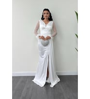 Saten Kumaş Kolları Otrişli Boncuk Detaylı Balık Elbise - BEYAZ