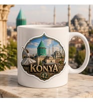 Konya 42 Mevlana Semazen ve Tarihi Şehir Tasarımlı Baskılı Kupa, Vintage Rozet Stilinde Memleket Hediyesi
