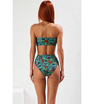 Kadın Bikini Takımı Straplez Balensiz Yüksek Bel Hipster Örme Raşel Dokuma Desenli Kaplı Kolsuz