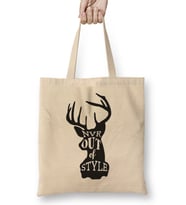Retro Animal Stag Nvr Out of Style Black Bez Çanta Uzun Saplı