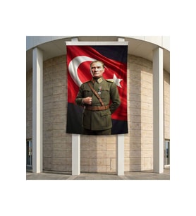 Askeri Üniformalı Başkomutan Mustafa Kemal Atatütk ve Türk Bayrağı Poster Bayrak Premium Raşel Kumaş ATA82 2x3m