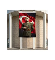 Askeri Üniformalı Başkomutan Mustafa Kemal Atatütk ve Türk Bayrağı Poster Bayrak Premium Raşel Kumaş ATA82 2x3m