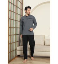 Erkek %100 Pamuklu Pijama Takımı-Robalı ve 3 Düğmeli-12489 ENİSENA (Füme)