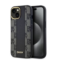 Apple iPhone 15 Plus Uyumlu Kılıf DKNY Orjinal Lisanslı M-safe Şarj Özellikli 3D Yazılı Checkered Pattern Kapak (Siyah)