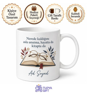 Kitap Ayracı ve Gözlük Çizimli Nerede Kaldığını Unutmayan Dikkatli Kupa Hediye Bardak