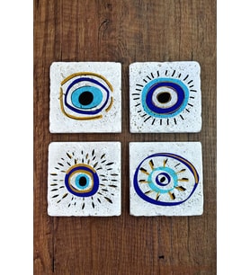 Taş Bardak Altlığı Nazar Boncuğu Baskılı Baskılı 4'lü Set - Stone Coasters