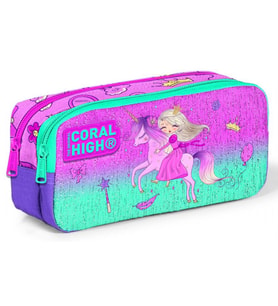 Coral High Kids İki Bölmeli Kız Çocuk Pembe Yeşil Prenses ve Unicorn Kalem Çantası Kalemlik