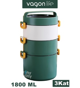 Vagonlife Lunch Box 3 Katlı Büyük Boy 1800 ML  Ofis-Okul İçin Yeni Nesil Sefer Tası-FFLBOX3KAT1800ML (Yeşil)