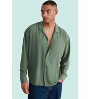 Erkek Oversize Apaş Yaka Uzun Kollu Gömlek Basic Siluet Günlük Kullanım Yaz Aylarının Vazgeçilmezi (Haki)