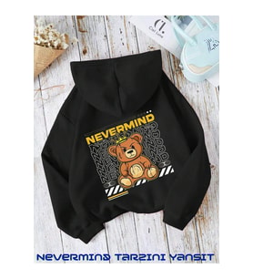 Unisex Nevermind Bear Baskılı Oversize Baskılı Kapşonlu Sweatshirt 3 Iplik (Siyah)