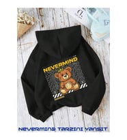 Unisex Nevermind Bear Baskılı Oversize Baskılı Kapşonlu Sweatshirt 3 Iplik (Siyah)