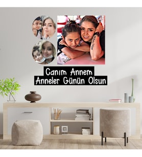 Anneler Gününe Özel Canım Annem Yazılı Yuvarlak ve Kare Şekilli 3 Fotoğraflı Kolaj Ahşap Tablo