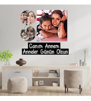 Anneler Gününe Özel Canım Annem Yazılı Yuvarlak ve Kare Şekilli 3 Fotoğraflı Kolaj Ahşap Tablo