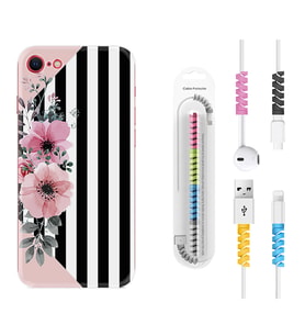 Apple iPhone 5 6 7 8 Plus Se XR Kılıf Kablo Koruma Spiral Silikon Flowers 4 1390