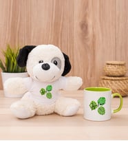 Kişiye Özel Erkeğe Hediye Yaprak Tasarım İsimli Peluş Köpek ve Yeşil Kupa