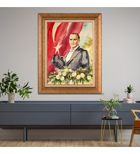 Altın Varaklı Çerçeveli Paspartulu Atatürk Tablo TR0892 (Gold)