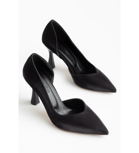 Büyük Beden Kadın İnce Topuklu Stiletto Siyah Parlak Saten Yan Açık