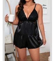 Intive Curvy Büyük Beden Saten V Yaka Dantelli Şort Büstiyer Takım-Pijama Takımı (Siyah)