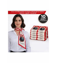 10’lu Atatürk Silüetli ve İmzalı Kırmızı-Beyaz Desenli Kravat / Eşarp / Fular Set