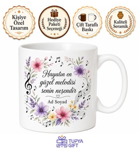 Şarkı Mırıldanan Neşeli Teyzeye Notalı Çiçekli Hediye Kupa Bardak