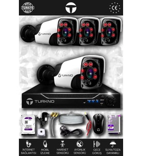 TURKNO 4 Kameralı Pania 4 Dış Kamera Set 250 GB HDD Full HD Gece Görüşlü Güvenlik Kamerası Sistemi