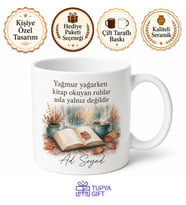 Yağmur ve Kitap Temalı Baskılı Kupa Bardak Kitapsever Hediye Porselen Mug