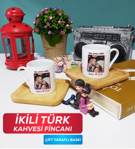 İkili Sevgiliye Sevgililer Günü Hediyesi 9 Türk Kahvesi Fincanı Ahşap Altlıklı