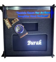 Ahsap Hediye Kutusu Icinde Isme ozel ışıklı vip set (Mavi)