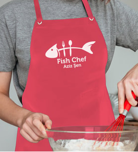 BK Gift Kişiye Özel Balık Şef Kırmızı Profosyonel Önlük - 1, Aşçı Önlüğü, Şef Önlüğü, Babaya Hediye