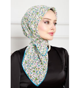 Çiçek Desen Pamuklu Eşarp-Yeşil