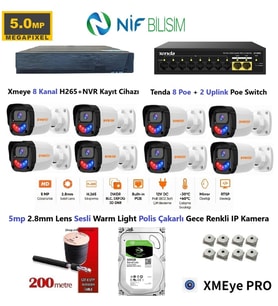 Xmeye 5mp 2.8mm Sabit Lens Polis Çakarlı Sesli Ve Gece Renkli 8 Kameralı IP Kamera Seti 500GB Disk