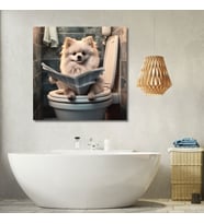 Tekli Kare Kanvas Banyo Tablosu Gazete Okuyan Krem Pomeranian